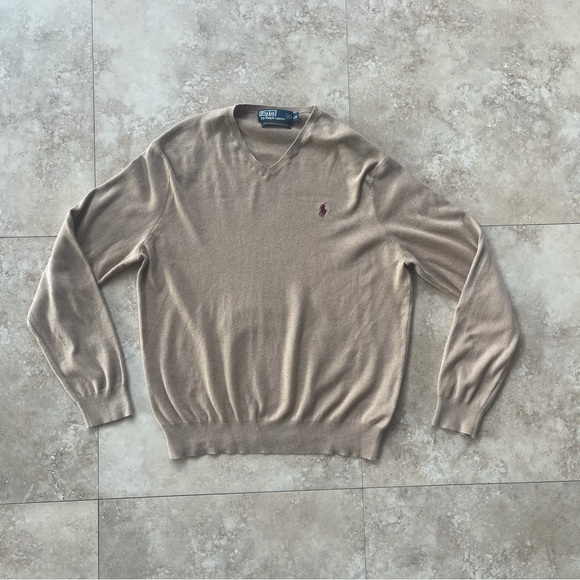 Polo by Ralph Lauren Tan Cream Nude Long Sleeve V Neck Sweater Men’s Size L. S - Picture 7 of 8